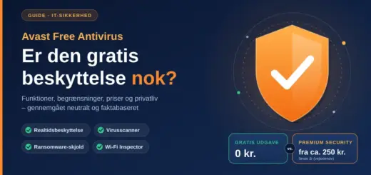 Grafik med et orange skjold med flueben og teksten "Avast Free Antivirus: Er den gratis beskyttelse nok?", der sammenligner den gratis udgave til 0 kr. med Premium Security og viser funktioner som realtidsbeskyttelse, virusscanner, ransomware-skjold og Wi-Fi Inspector.
