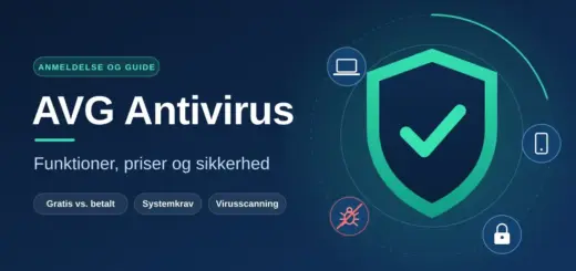 Grafik med teksten "AVG Antivirus – Funktioner, priser og sikkerhed" ved siden af et grønt sikkerhedsskjold med flueben omgivet af ikoner for computer, mobil, hængelås og en blokeret virus.