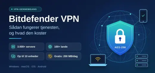 Illustration af et skjold med en hængelås foran en globus, forbundet med en bærbar computer, en mobiltelefon og VPN-servere, ved siden af teksten "Bitdefender VPN – sådan fungerer tjenesten, og hvad den koster" og nøglefakta om servere, lande, enheder og den gratis version.
