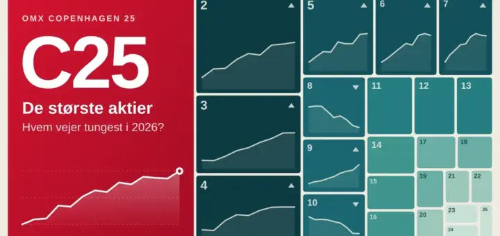 Grafik formet som et treemap over C25-indekset, hvor en stor rød flade med teksten »C25 – De største aktier: Hvem vejer tungest i 2026?« og en stigende kurve fylder mest, omgivet af 24 mindre, nummererede petrolgrønne felter med små kursgrafer.