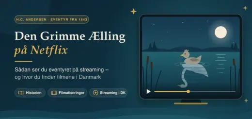 Illustration af en lille grå ælling på en måneoplyst sø, hvis spejlbillede i vandet er en hvid svane, vist på en skærm med afspilningsbjælke ved siden af teksten "Den Grimme Ælling på Netflix".