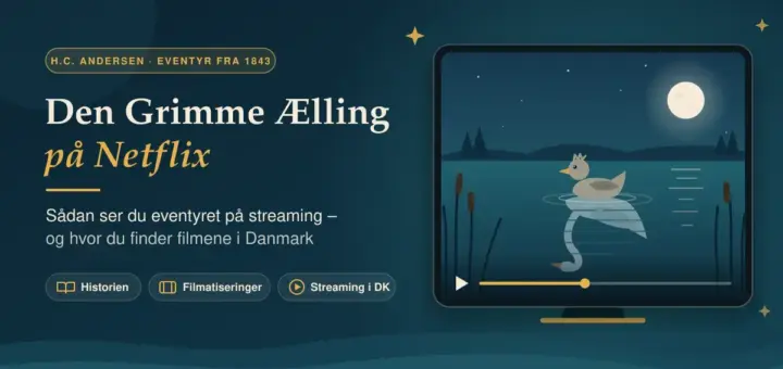Illustration af en lille grå ælling på en måneoplyst sø, hvis spejlbillede i vandet er en hvid svane, vist på en skærm med afspilningsbjælke ved siden af teksten "Den Grimme Ælling på Netflix".