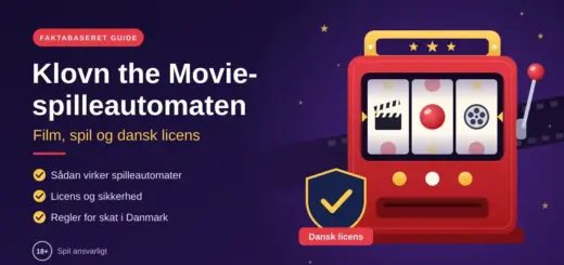 Grafisk illustration af en rød spilleautomat med et klaptræ, en rød klovnenæse og en filmrulle på hjulene, et skjold med flueben og teksten »Dansk licens« samt overskriften »Klovn the Movie-spilleautomaten – Film, spil og dansk licens«.