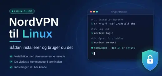 Grafik til guiden om NordVPN til Linux med overskriften ”NordVPN til Linux – sådan installerer og bruger du det”, et terminalvindue med kommandoerne til at installere, logge ind og oprette forbindelse samt et skjold med en hængelås, der symboliserer en sikker og krypteret forbindelse.