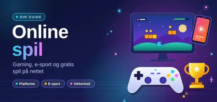 Illustration af en spilcontroller, en skærm med et farverigt platformspil, en mobiltelefon og et guldtrofæ ved siden af teksten "Online spil – gaming, e-sport og gratis spil på nettet".