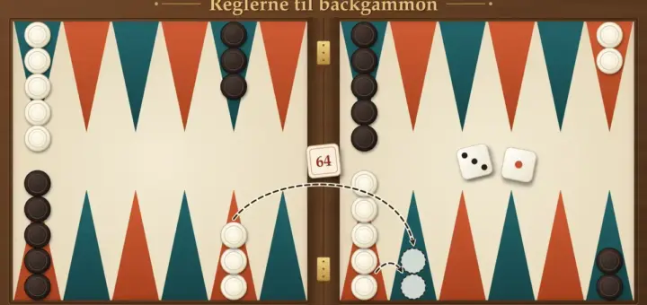 Illustration af et backgammonbræt i valnøddetræ med terrakotta- og petrolfarvede trekanter, hvor de lyse og mørke brikker står i startopstillingen, terningerne viser 3 og 1, dobleterningen på baren viser 64, og stiplede pile viser åbningstrækket til 5-punktet, med teksten »Reglerne til backgammon« og »Opstilling · point · strategi«.