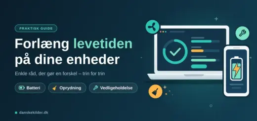 Illustration af en bærbar computer og en smartphone med et opladet batteri, omgivet af ikoner for oprydning, vedligeholdelse og køling, med overskriften »Forlæng levetiden på dine enheder«.