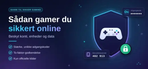 Grafik med teksten "Sådan gamer du sikkert online" ved siden af et lysende skjold med en spillecontroller, en hængelås, et adgangskodefelt og en bekræftelseskode, der symboliserer beskyttelse af konti, enheder og data.