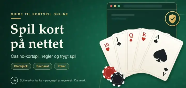 Illustration på grønt casinobord med en vifte af spillekort i alle fire kulører, spillejetoner og et browservindue med et sikkerhedsskjold samt teksten „Spil kort på nettet – casino-kortspil, regler og trygt spil“.